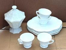 Set of 4 Grapevine Pattern milk glass luncheon / snack pieces, and a complimentary grapevine candy