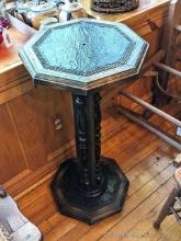 Wooden plant stand is about 33" tall and 15" across top.