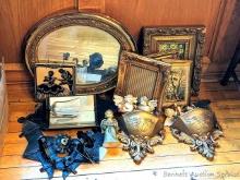 Pair of heavier wall mount candle holders, and a variety of gold toned items incl 19" mirror, framed