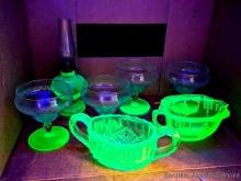 Uranium or Vaseline glass pieces incl set of 4 dainty etched glasses with green feet, Depression
