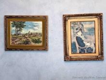 Landscape painting and girl in chair print are both housed in gold toned frames in good condition.