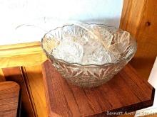 12" wide punch bowl and several charming square glasses / cups, plus two ladles. Small catch on bowl