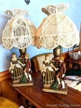 Two Medieval style lamps with macram? lampshades. Stand about 32" high overall. Different switch