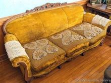Antique sofa couch is about 80" over arms. Beautiful carved wood, and crushed velvet or similar