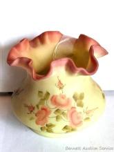 Hand painted Fenton ruffled edge vase was painted by L. Watson and in nice condition with no chips.