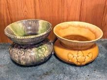 Pair of decorative green and yellow planters or spittoons, measure 7-1/2" across. Some chipping on