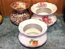 Trio of decorative spittoons or planters, larger floral is 7" across. Some chipping on all 3 pieces.