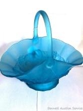 Aqua glass fruit basket with applied handle. Overall good condition with no chips noted, one crack