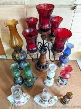 Miniature oil lamps up to approx 8"; plus a 15" amber glass lamp and an 18" candelabra with red