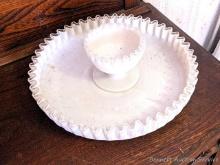 Large milk glass shallow bowl with matching footed candy dish; bowl measures 13" x 2-1/2" deep. No
