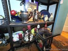 2 shelves of holiday decorations, battery powered lamp, candelabra, bird cage, more. Cage measures