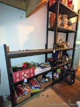 Metal shelving unit. Taller side has 5 shelves and stands 78" tall, smaller side is 41-1/2" tall.