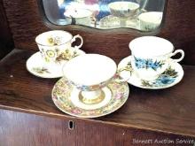 Three vintage teacups with saucers incl hand painted Lefton China set, Queens Centenary Star fine