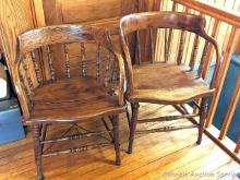 Pair of sturdy wooden chairs. Measure 30" tall x 22" x 20-1/2" deep. Wooden seats have cracks but