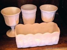 Located upstairs, bring help to remove. Indiana Glass milk glass goblets and Anchor Hocking goblet