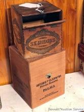 Located upstairs, bring help to remove. Antique wooden Corona St. Regis cigar box, and a larger