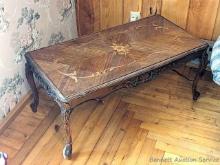 Located upstairs, bring help to remove. Coffee table with inlaid top measures 3' x 18" x 16" high.