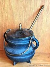 Vintage cast iron fire starter smudge pot cauldron with brass or similar lid. Includes stirring