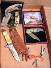 Located upstairs, bring help to remove. Heavy fixed blade knife with fringed sheath, Jovan Swiss