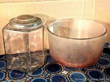 Retro pink glass mixing bowl is nice and deep, and an antique storage jar about 7" to shoulder. Both