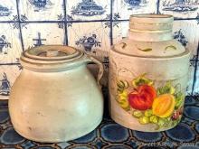 Vintage stoneware fruit jar and another. Taller about 10" and in good condition with one old chip