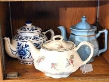 Homer Laughlin Priscilla pattern teapot, cheery blue 8" long teapot in good condition, blue and