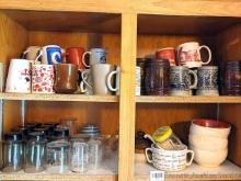 Stoneware type barrel mugs, other coffee mugs, glasses, bowls as pictured.