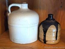 Cute stoneware jug and a smaller heavy stoneware jar with lid. Larger about 7-1/2" tall, with only