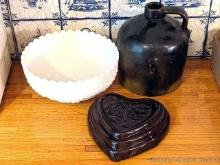 Imperial Glass grapevine pattern milk glass serving bowl, 7-1/2" stoneware jug, and a 7" stoneware