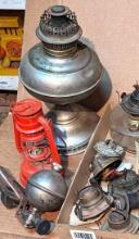 Located in basement, bring help to remove. Lamp burners, oil lamp base, 13" silver toned oil lamp