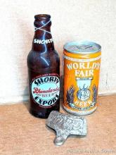 Old Rhinelander Beer Shorty Export bottle, Coca-Cola bottle opener, and a Worlds Fair can with