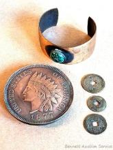 Indian Head Penny belt buckle, copper type bracelet with accent piece, and bronze Japanese/Chinese