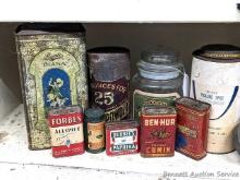 Located in basement, bring help to remove. Vintage food canisters incl Forbes, Dur-Kees, Ben Hur