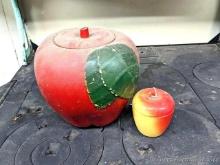 Located in basement, bring help to remove. Vintage apple shaped cookie jar and a smaller apple sugar