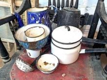 Located in basement, bring help to remove. Graniteware coffee pot and bowl; enameled double boiler,