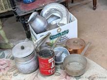 Located in basement, bring help to remove. Kitchen items including double boiler, jello molds,