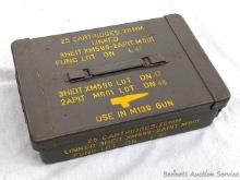 US Military machine gun ammo can for use on M139 anti-aircraft gun. Held twenty five round of 20mm