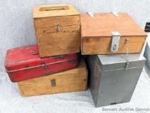 Variety of storage containers to organize the shop or garage. Gray metal box measures 10" x 8-1/2" x