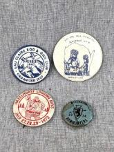 Four vintage pins including 1974 Wisconsin Bowhunters; 1973 Hazelhurst Logging Days; 1967 Member of