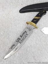 Sheath knife is marked US Army Ranger and measures 13-1/4" long overall. Blade, handles, fittings