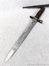 US Military M1892 bayonet for .30-40 Krag rifle is 16-1/4" overall and comes with a scabbard. Blade