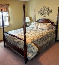 Queen size four poster bed with Serta Perfect Sleeper mattress, box spring, bedding and wall