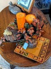 Beautiful autumn centerpiece is 2' across; similar themed plate and pumpkin candle.