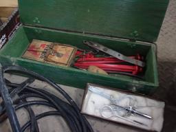 20' EXT CORD, WOOD BOX W/ RAT TRAP, CALIBERS, & MISC., 4 NEW BRAKE SHOES