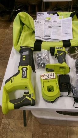 RYOBI 18 V. CORDLESS TOOL SET: LED LIGHT, RECIPROCATING SAW,  IMPACT DRIVER, OSCILLATING MULTI TOOL,