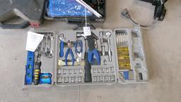 UNUSED TOOL KIT & 12 V IMPACT WRENCH, JUMPERS & WARNING TRIANGLE