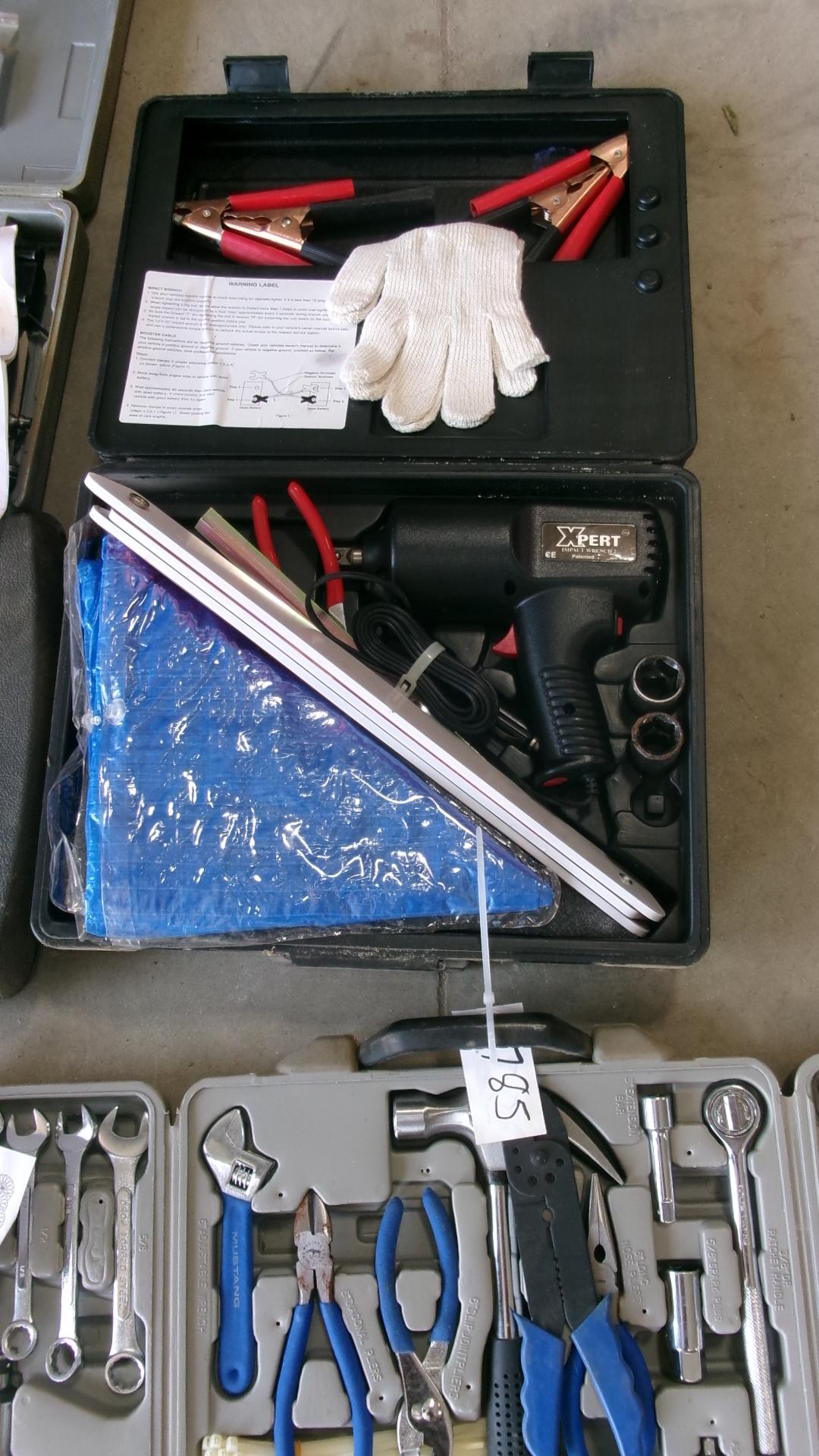 UNUSED TOOL KIT & 12 V IMPACT WRENCH, JUMPERS & WARNING TRIANGLE