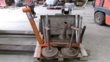 2-SQURRIL CAGE FANS, 2 METAL SAW HORSES, 3 H.D. JACK STANDS, 8,000 # ENGINE STAND, &