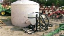 1500 GALLON POLY WATER TANK, 15 & 30 GALLON MIXING CONES, 2" GAS WATER PUMP w / hoses