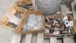 5-ROLLS BARBED WIRE (one std. guage & four lighter guage) BOX NEW T POST FENCE FASTNERS,+